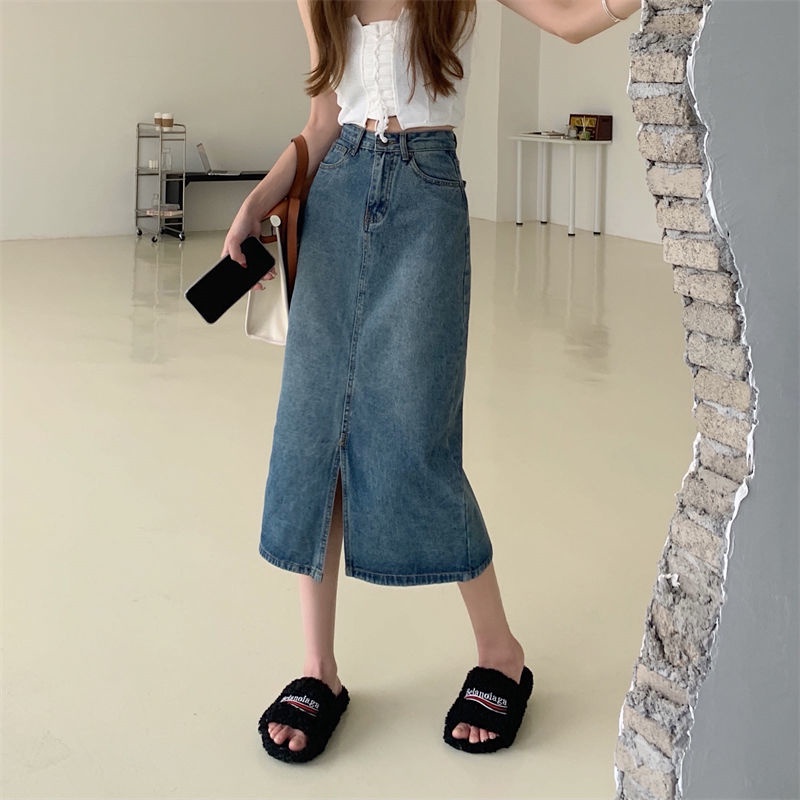 Cozok Chân váy jean Xẻ Tà Lưng Cao Vừa Thời Trang retro Đơn Giản