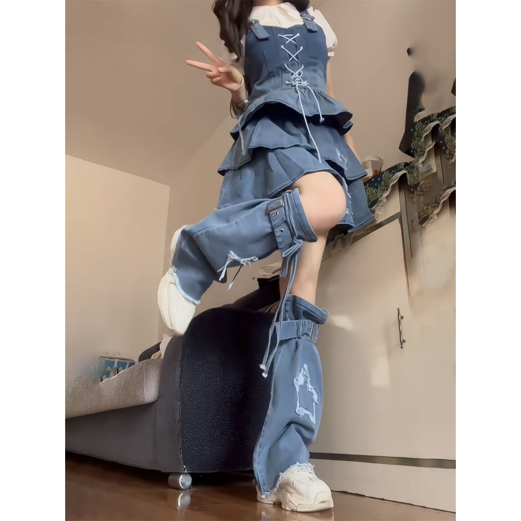 Áo y2k Dopamine set Áo Sơ Mi Cổ Búp Bê + Chân Váy Yếm denim Lưng Cao Phong Cách Nhật Bản Cho Nữ