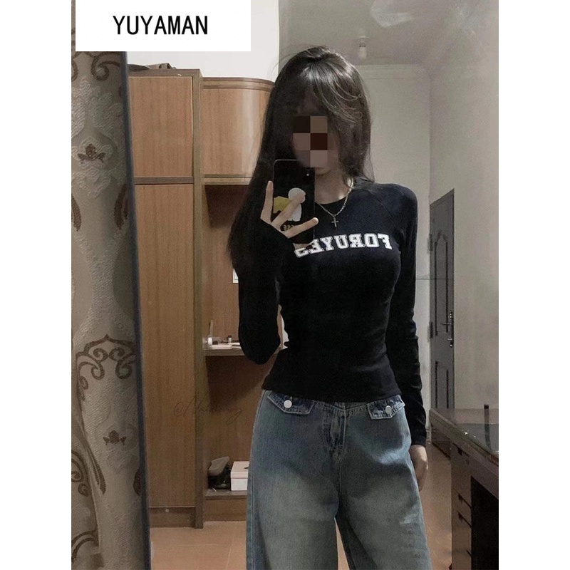 YUYAMAN Áo phông áo croptop Áo thun dài tay kiểu Mỹ Vintage Slim áo thun nữ croptop baby tee Thời trang hàn quốc A29J2H5 36Z230904