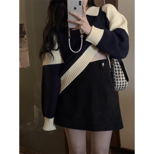 Áo sweater Dệt Kim Phối Màu Tương Phản Thời Trang Mùa Thu Cho Nữ