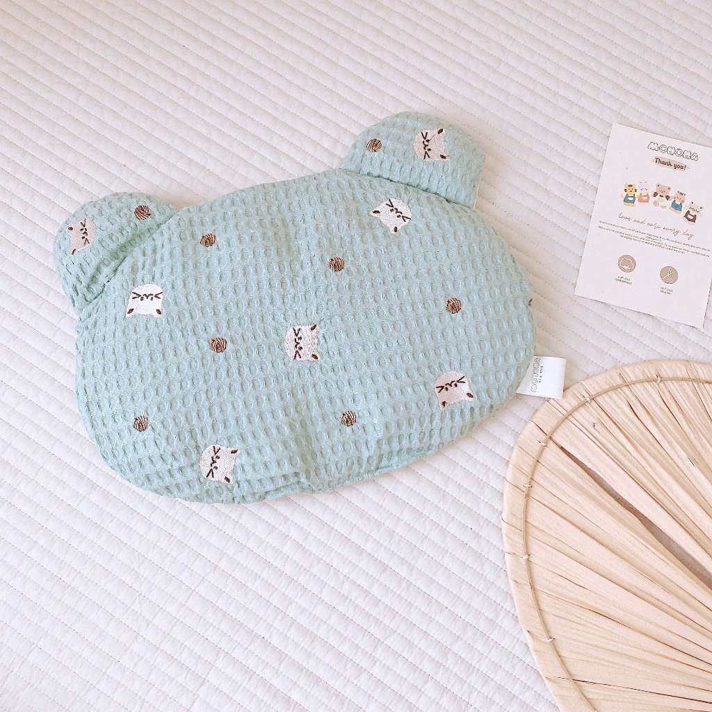 Gối Tai Gấu Vải WAFFLE MONONA Sợi Tre Cho Bé Gối Cho Bé Từ Sơ Sinh Họa Tiết Xinh Xắn Siêu Thoáng Khí