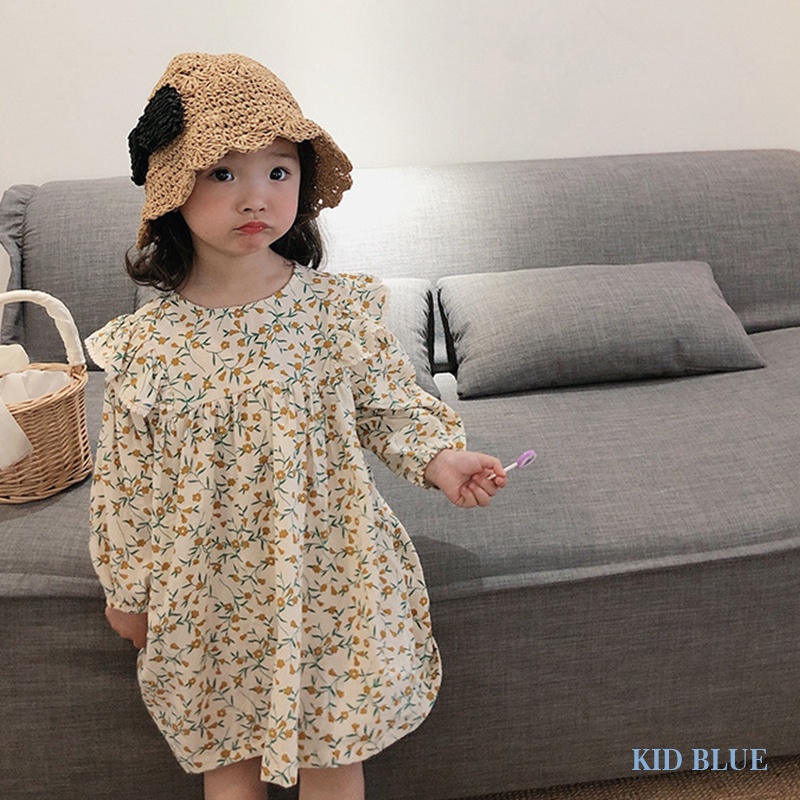 Đầm Bé Gái In Hoa Phối Bèo Màu Vàng
