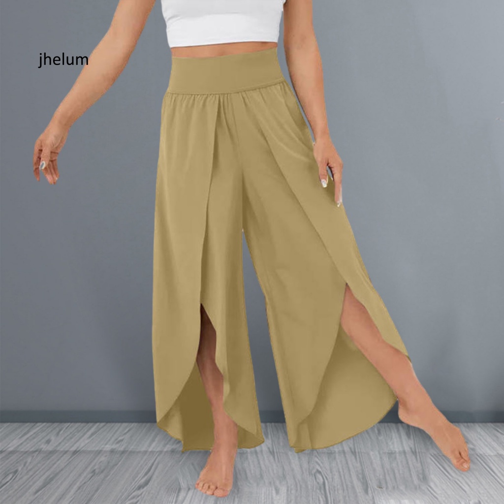 Jl * Quần culottes Lưng Cao Ống Rộng Xẻ Tà Màu Trơn Dành Cho Nữ Tập yoga