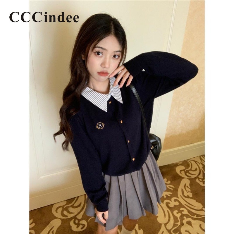 Cccindee Áo Khoác cardigan Tay Dài Cổ Bẻ Dáng Ôm Màu Tương Phản Thời Trang 2023 Dành Cho Bạn Nữ