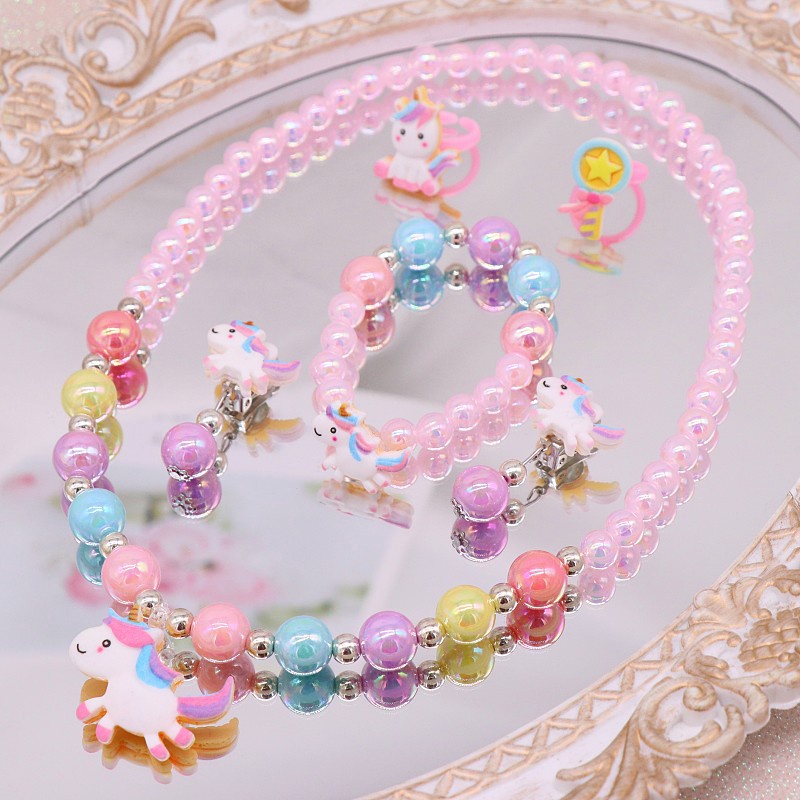 Bộ Trang Sức 8 Món Họa Tiết Kỳ Lân Cầu Vồng Hoạt Hình Dễ Thương Cho Bé Gái