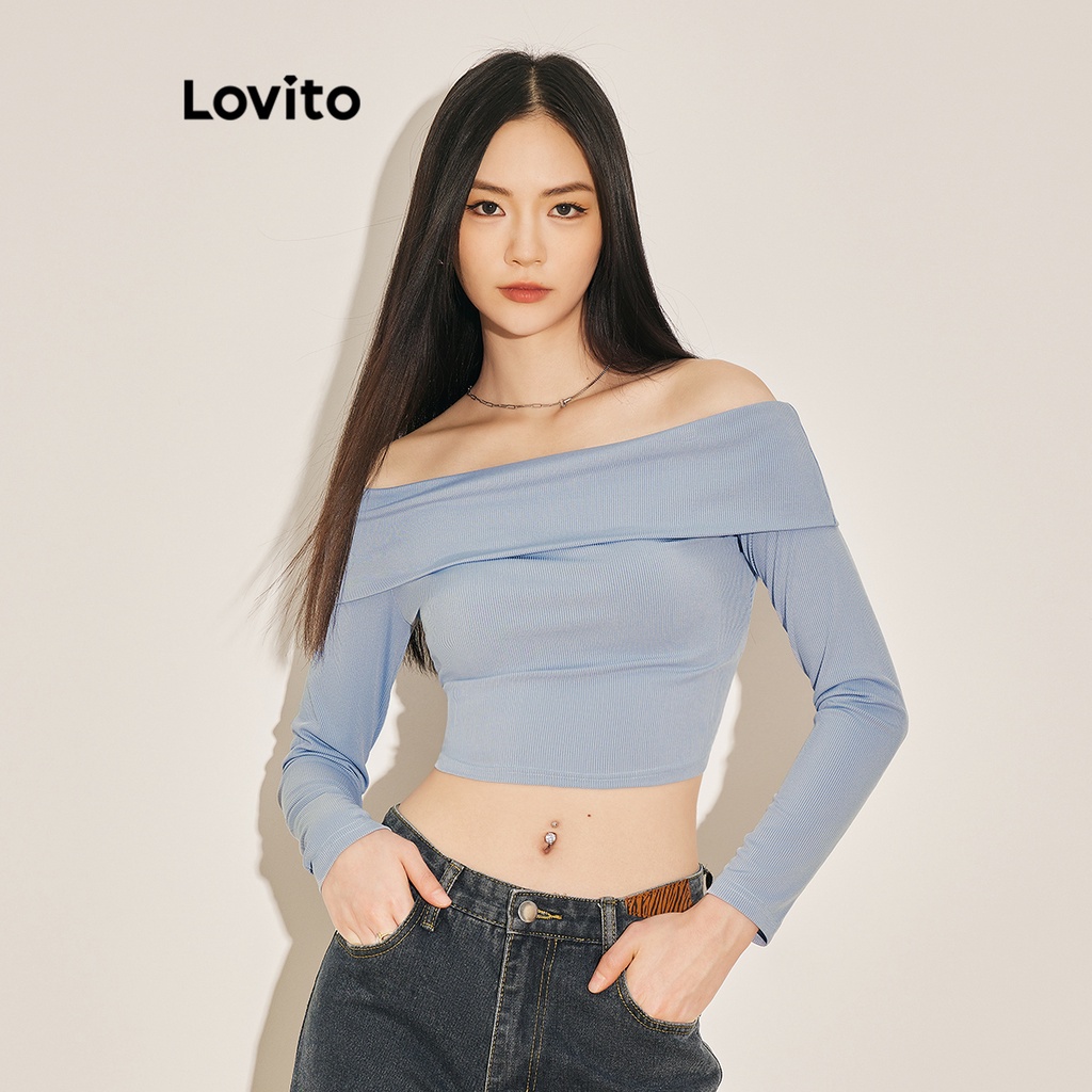 Áo thun Lovito trễ vai lật gấu màu trơn thường ngày cho nữ L61AD042 (Màu xanh dương)