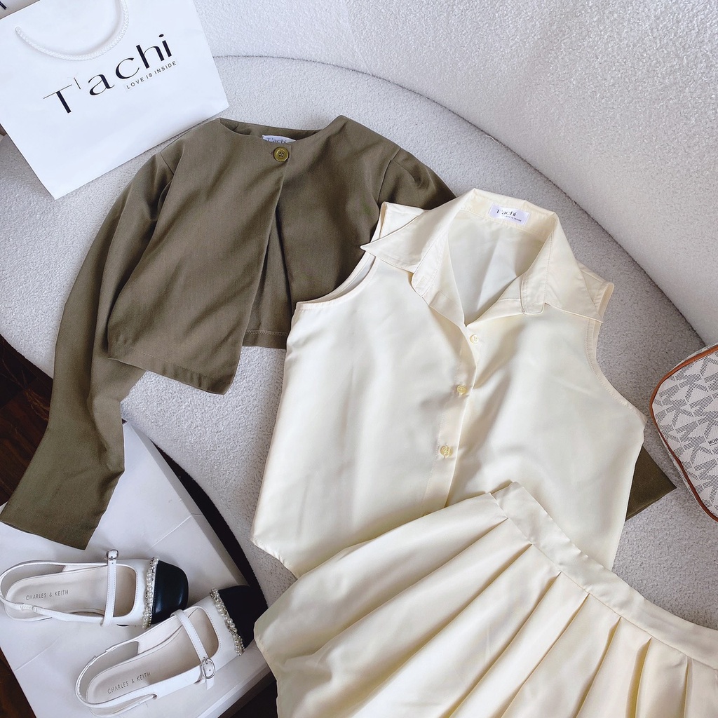 Set 3 món khoác croptop rêu +sơmi sát nách +chân váy xếp ly kem