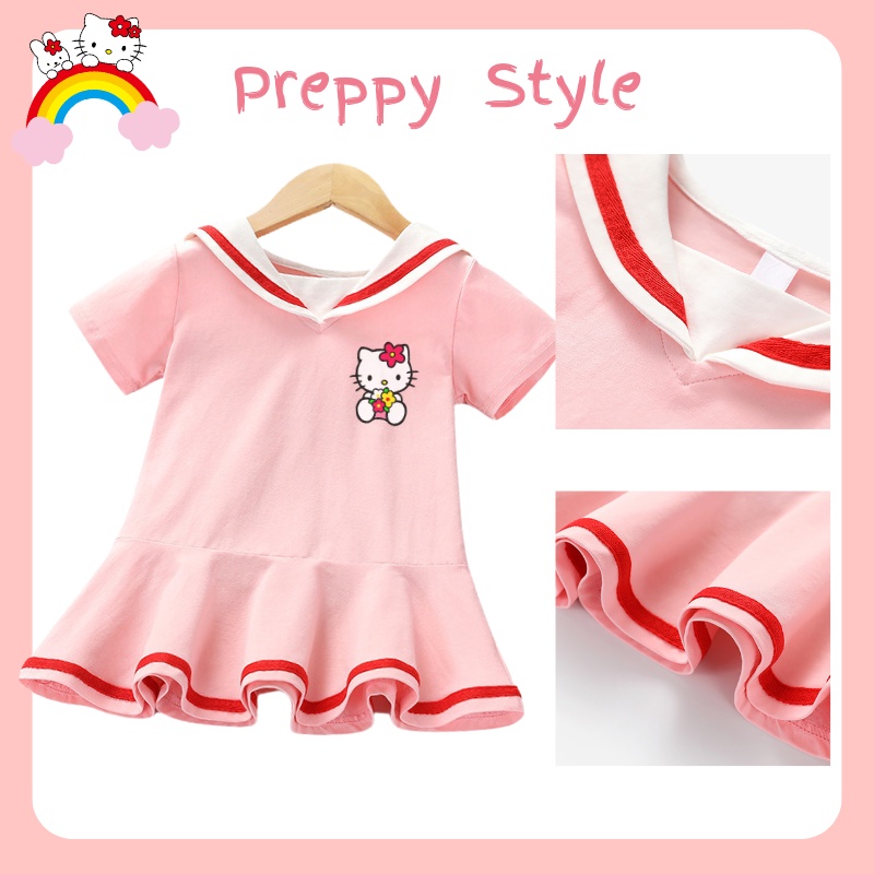 Đầm cotton Cổ Thủy Thủ In Họa Tiết Hello Kitty Dễ Thương Thoải Mái Thời Trang Mùa Hè Cho Bé Gái