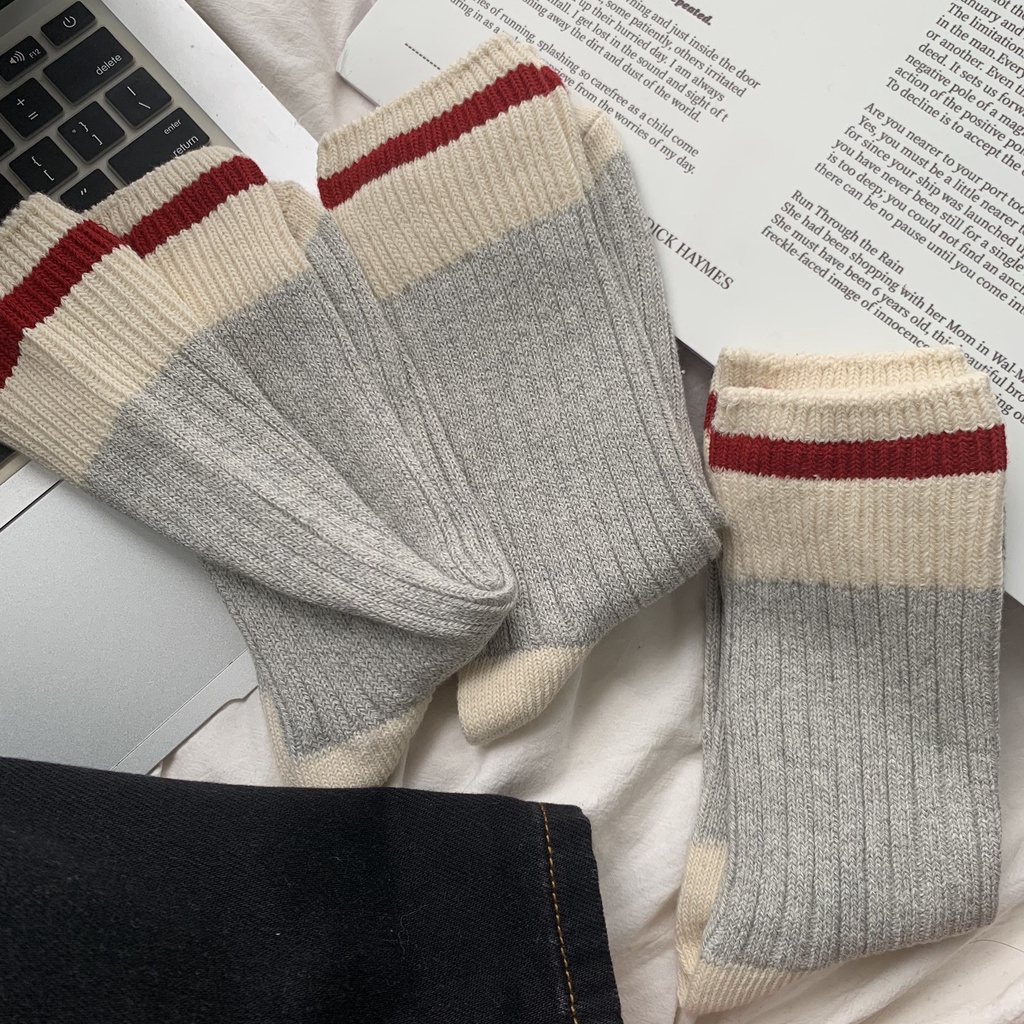 Đôi Vớ cotton Dày Cổ Cao Họa Tiết Kẻ Sọc Màu Sắc Tương Phản Phong Cách Hàn Quốc Thời Trang Thu Đông Cho Nam Và Nữ