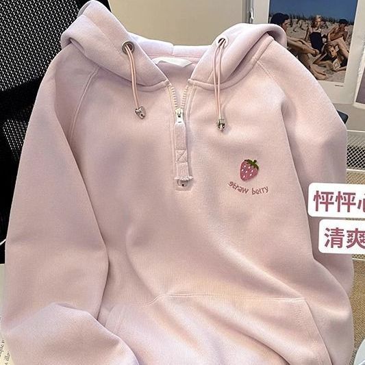 Áo hoodie Thêu Hình Dâu Tây Màu Hồng Ngọt Ngào Thời Trang Mùa Thu Mới Cho Nữ