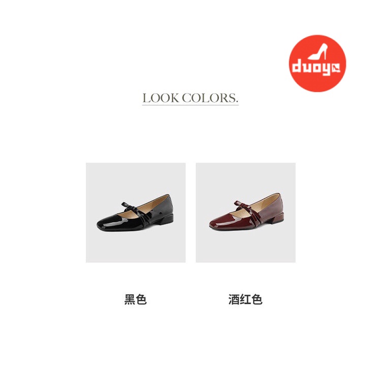 Duooya hair Thẳng ~  Giày mary jane Gót Dày Thấp Bằng Da Bóng Đính Nơ Mùa Xuân Thu Cho Nữ Miễn Phí Vận Chuyển
