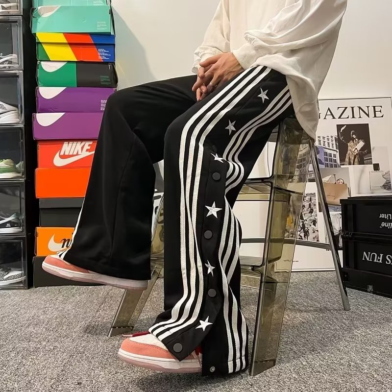 Quần Thể Thao Ống Rộng Kẻ Sọc Thêu Hình Ngôi Sao Phong Cách Đường Phố Mỹ Cho Nam Đen