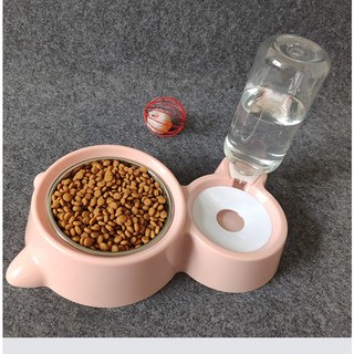 Bát ăn cho mèo, bát ăn đôi cho chó mèo bằng inox kèm bình nước tự động 500ml, bát cho thú cưng hình tai mèo