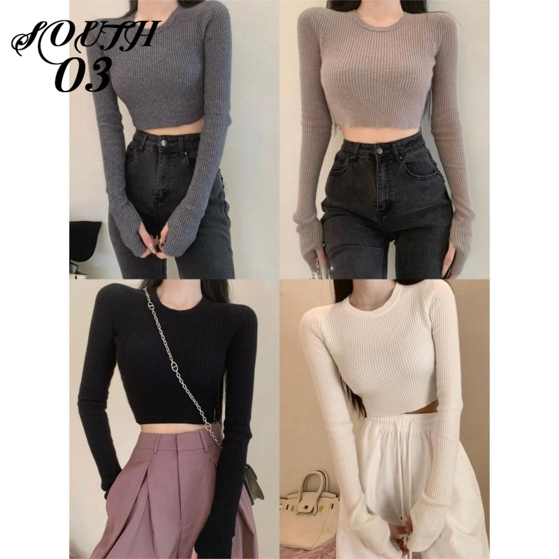 Áo sweater Cổ Tròn Màu Sắc Đơn Giản Cho Nữ Áo Croptop Áo Len