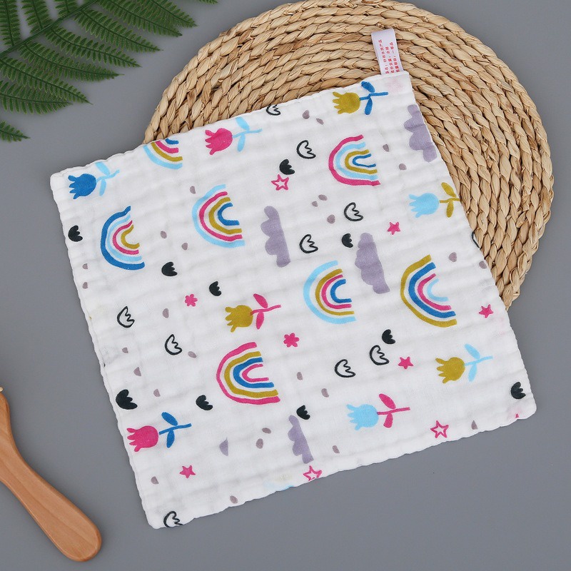 Six Khăn cotton Vuông Màu Trơn Hai Lớp Mật Độ Cao Khăn Lau Mặt Em Bé Hoạt Hình Vải Gạc In Hình Hoạt Hình Nhỏ