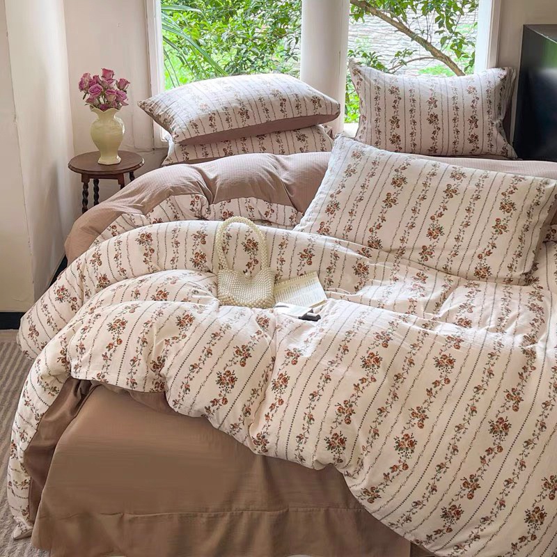 Bộ chăn ga gối 4 món cotton đũi vintage - vỏ chăn có khoá kéo lồng ruột