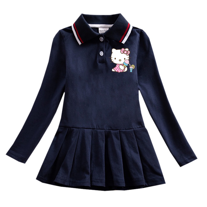 Hello kitty Đầm cotton Cổ polo Tay Dài In Họa Tiết Hoạt Hình Cho Bé Gái