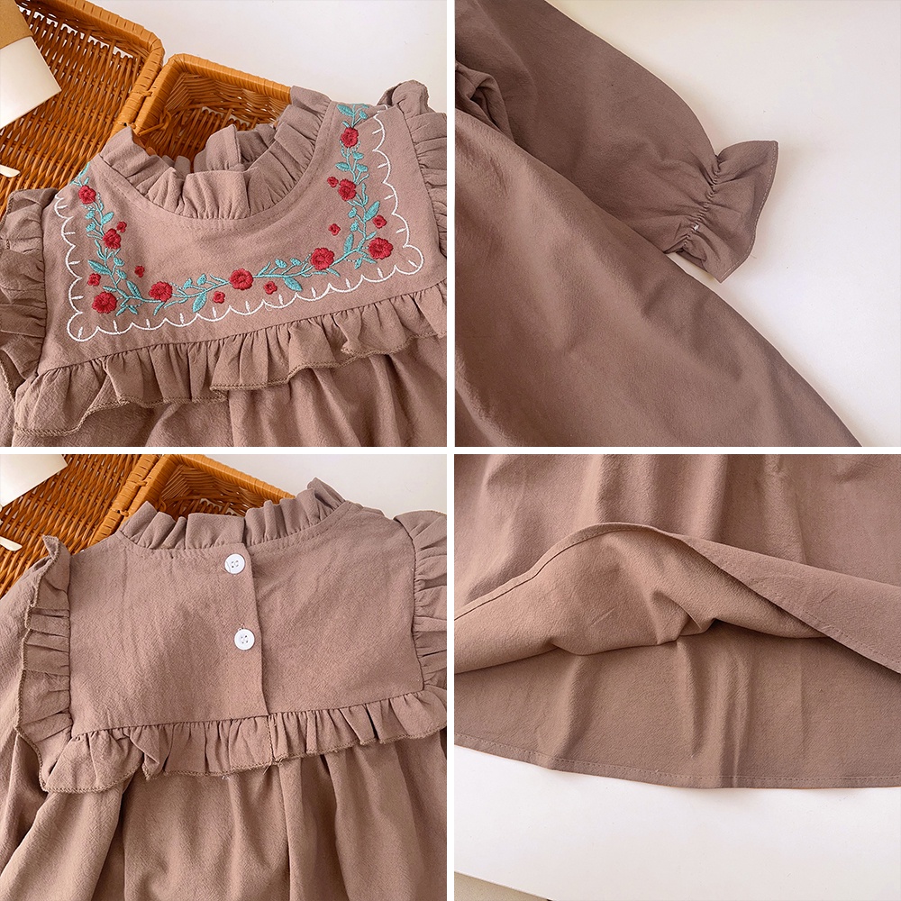 BEAR LEADER Đầm Công Chúa Tay Dài Cổ Ren Thêu Hoa Thời Trang Xuân Thu Cho Bé Gái 2-7 Tuổi