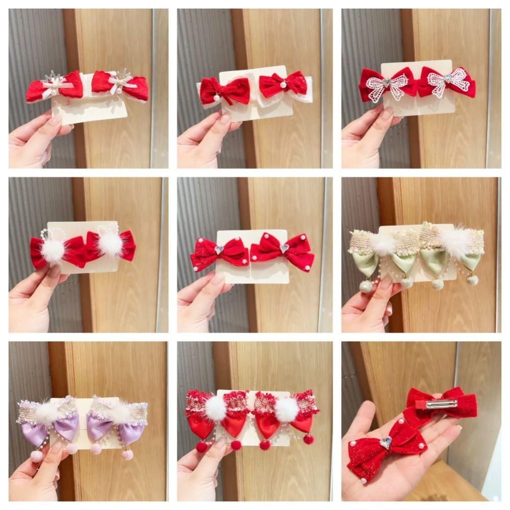 Kẹp Tóc Nơ Đỏ Bằng Vải Lông Phong Cách Trung Hoa Mừng Năm Mới Cho Bé Gái