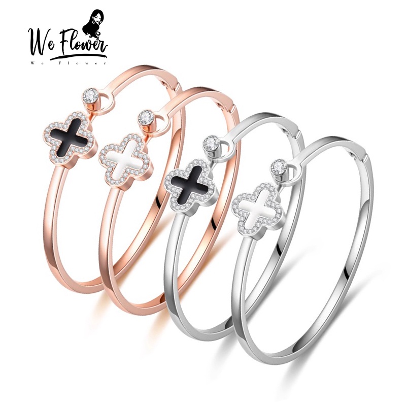 Vòng tay WE FLOWER bằng thép không gỉ mặt hình cỏ ba lá màu đen có thể điều chỉnh thời trang cho nam nữ