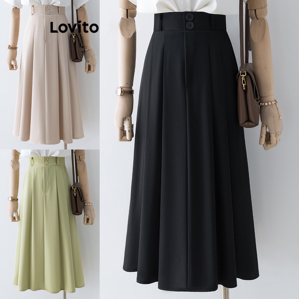Lovito Váy dạ hội có nút đôi xếp li trơn đơn giản dành cho nữ L68ED303 (Mơ/Xanh/Đen)