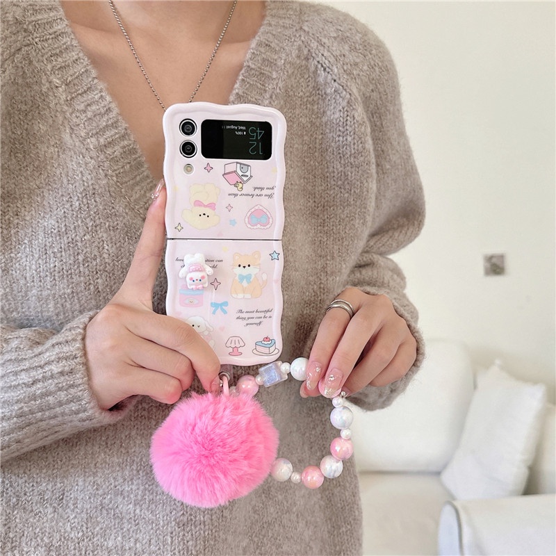 Ốp Điện Thoại imd Hình Mèo 3d Chống Sốc Gắn Dây Xích + Bóng Lông Cho samsung galaxy z flip 4 3 5 z flip5 zflip5