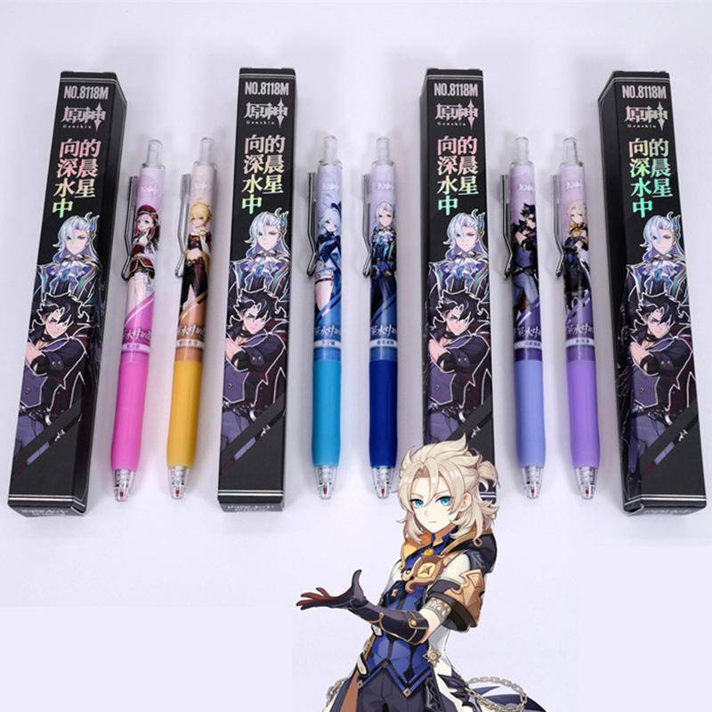 Mới 1 Hộp Bút Mực Đen Ngòi 0.5mm In Hình Hoạt Họa game genshin furina aether albedo charlotte