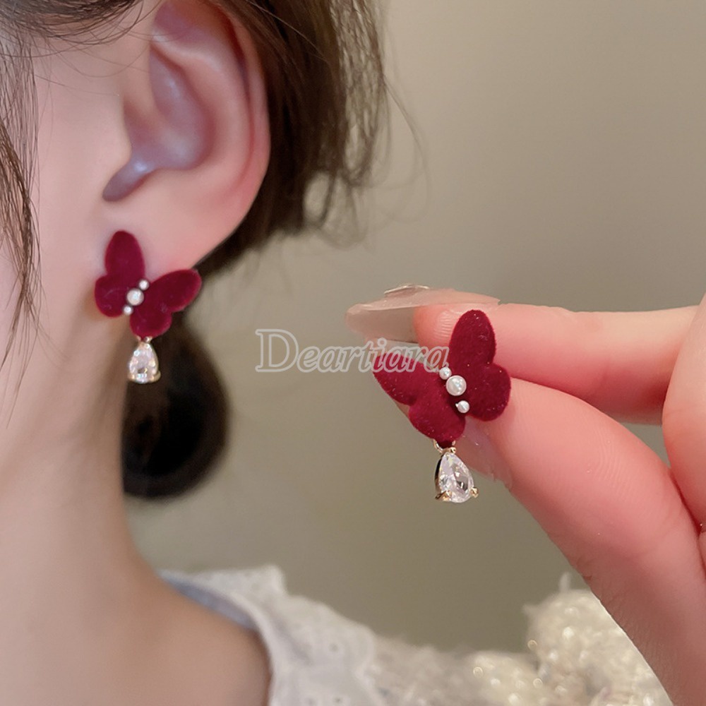 Khuyên Tai Hình Giọt Nước Đính Đá Ngọc Trai Và Bướm Màu Đỏ Rượu Vang Phong Cách Pháp Thời Trang Cao Cấp Và Thanh Lịch