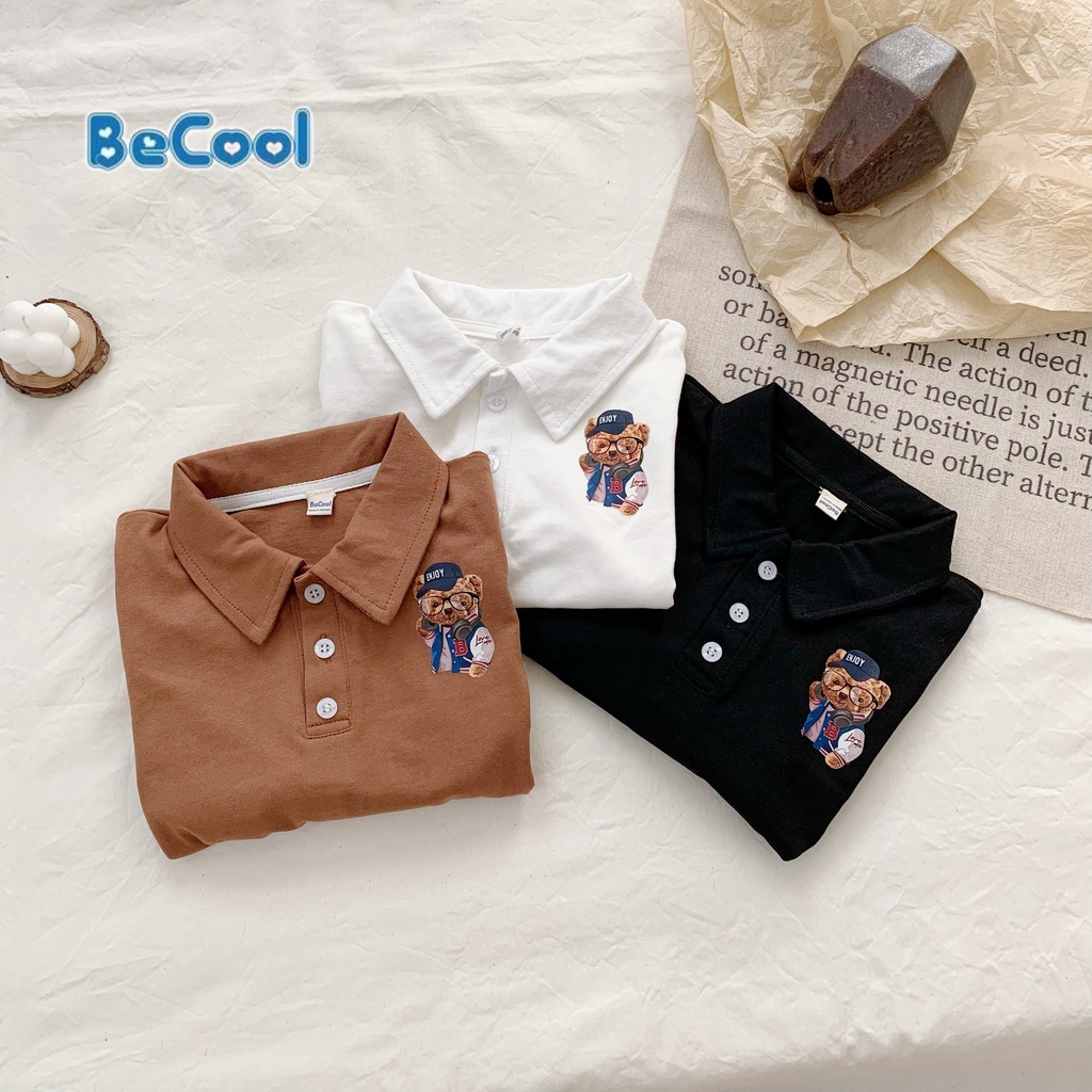 Áo Polo Cổ Bẻ In Hình Chú Gấu Cho Bé Chất Cotton Khô Cao Cấp BeCool, Áo Dài Tay Thu Đông Cho Bé Từ 10-27kg