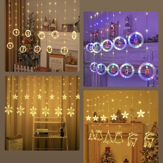 Bộ đèn led thả mành nhấp nháy nhiều chế độ trang trí giáng sinh noel / đèn rèm thả bông tuyết, chuông, ngôi sao lấp lánh