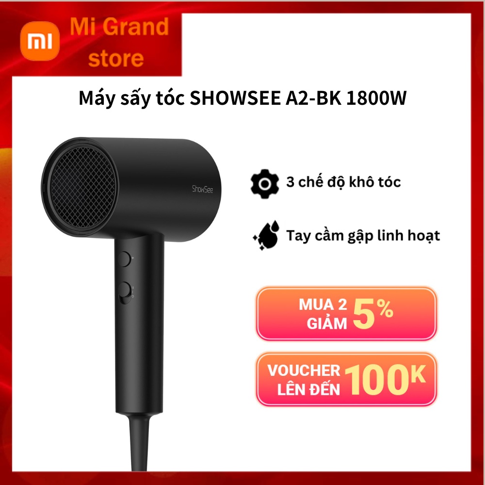 Máy sấy tóc Xiaomi Youpin SHOWSEE A2-BK 1800W cao cấp bổ sung ion âm, chống xơ, khô rối tóc - -Mi grand