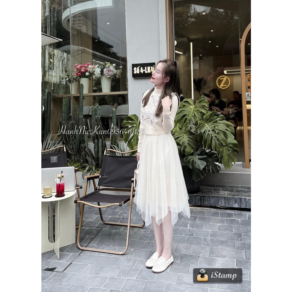 Set váy len chân voan mix áo gile len thêu ngôi sao hàng QC freesize