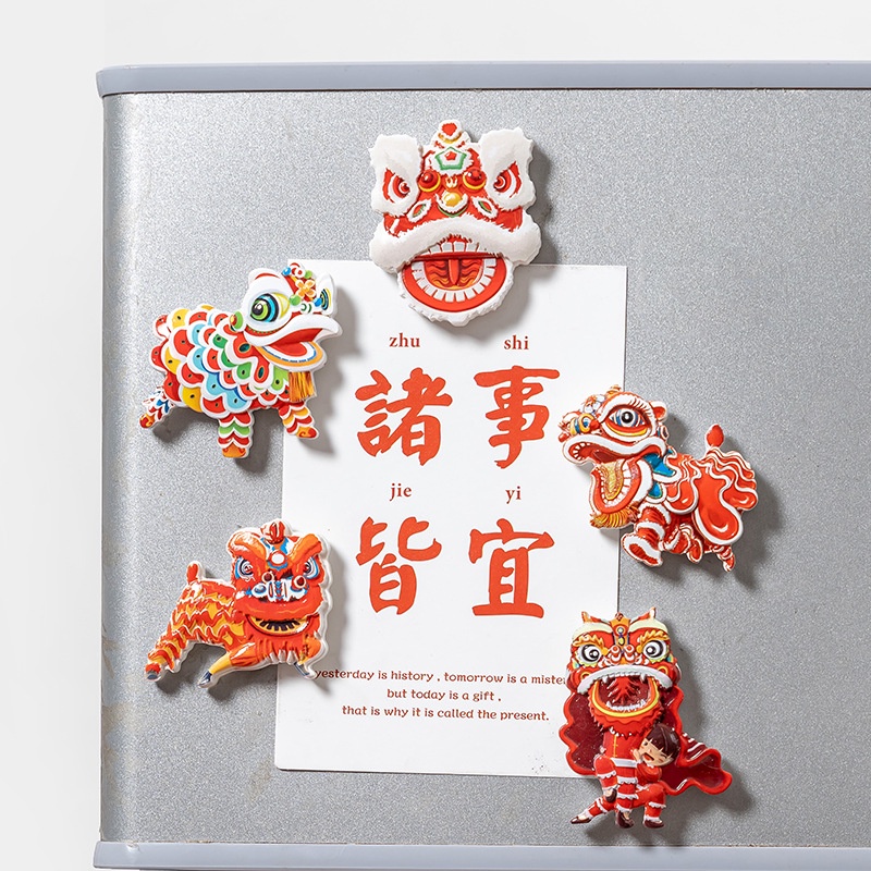 ☢ Nam châm sáng tạo năm mới của Trung Quốc 3d Phong cách Trung Quốc Nhựa Tủ lạnh Nhãn dán nam châm Phim hoạt hình Trang trí đồ chơi múa lân