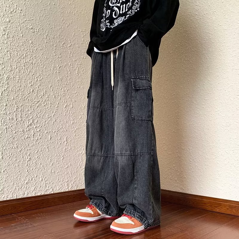 Thời Trang Quần Jean Dài Ống Rộng Màu Trơn Phối Túi Phong Cách hip hop Cá Tính Cho Nam
