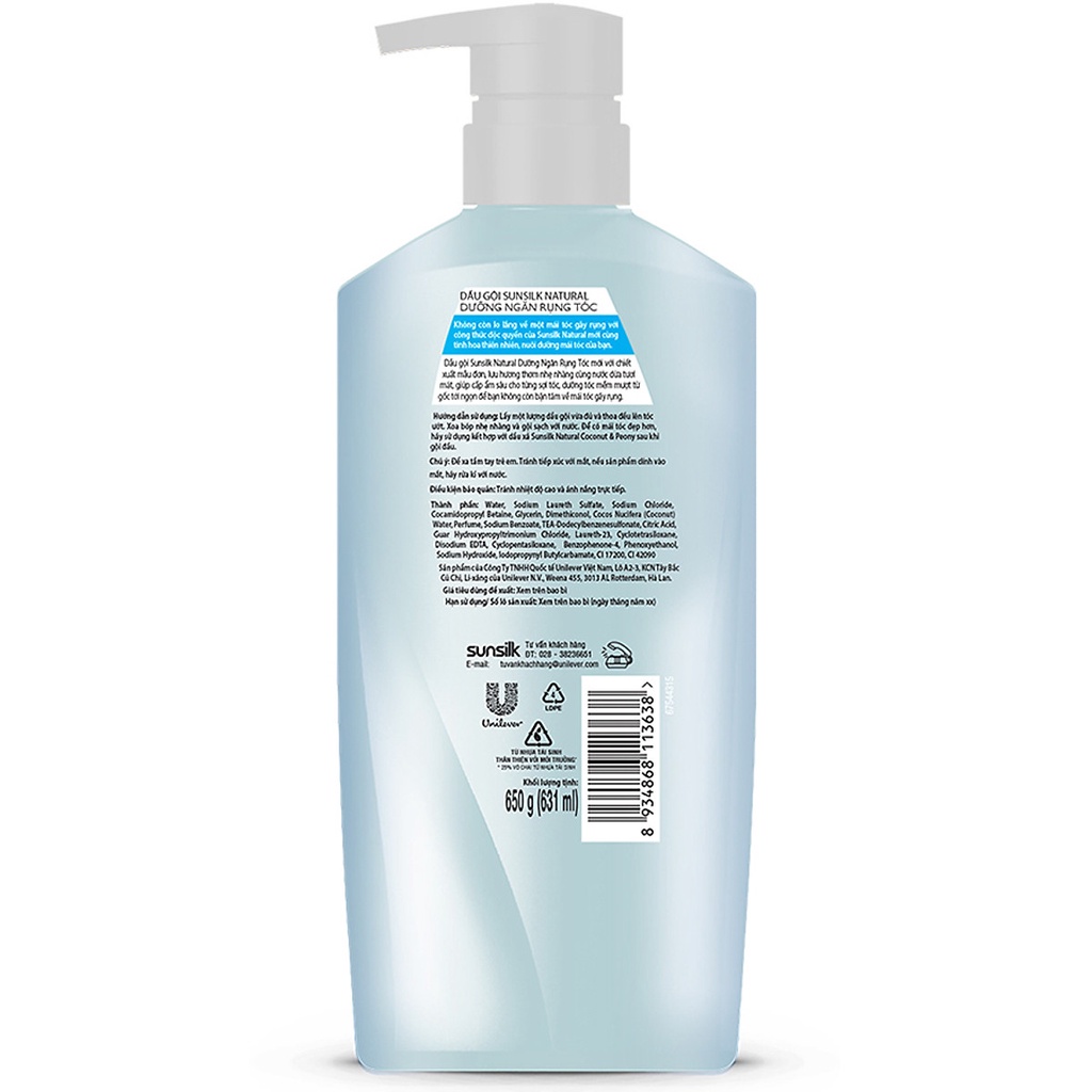 Dầu Gội 650Gr Sunsilk Dưỡng Ngăn Gãy Rụng Dành Cho Tóc Gãy Rụng Dưỡng Chất Thiên Nhiên Nước Dừa & Hoa Mẫu Đơn Giúp Tóc S