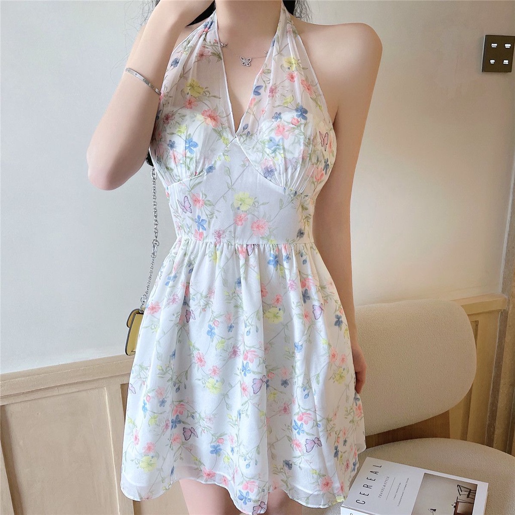 Đầm Voan Hai Dây Cổ Chữ v Họa Tiết Hoa Thời Trang Mùa Hè Gợi Cảm Cho Nữ