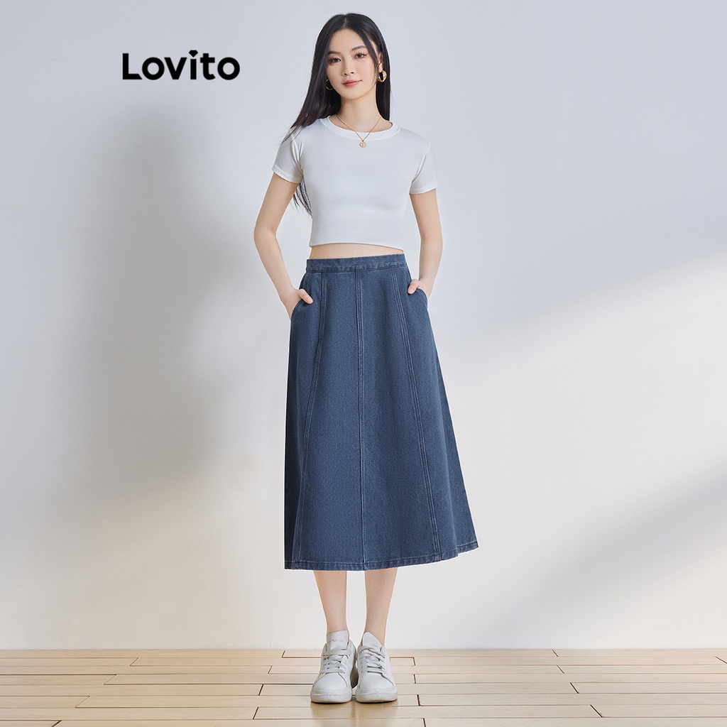 Chân váy denim Lovito chỉ nổi màu trơn thường ngày cho nữ L65ED090 (màu xanh dương)