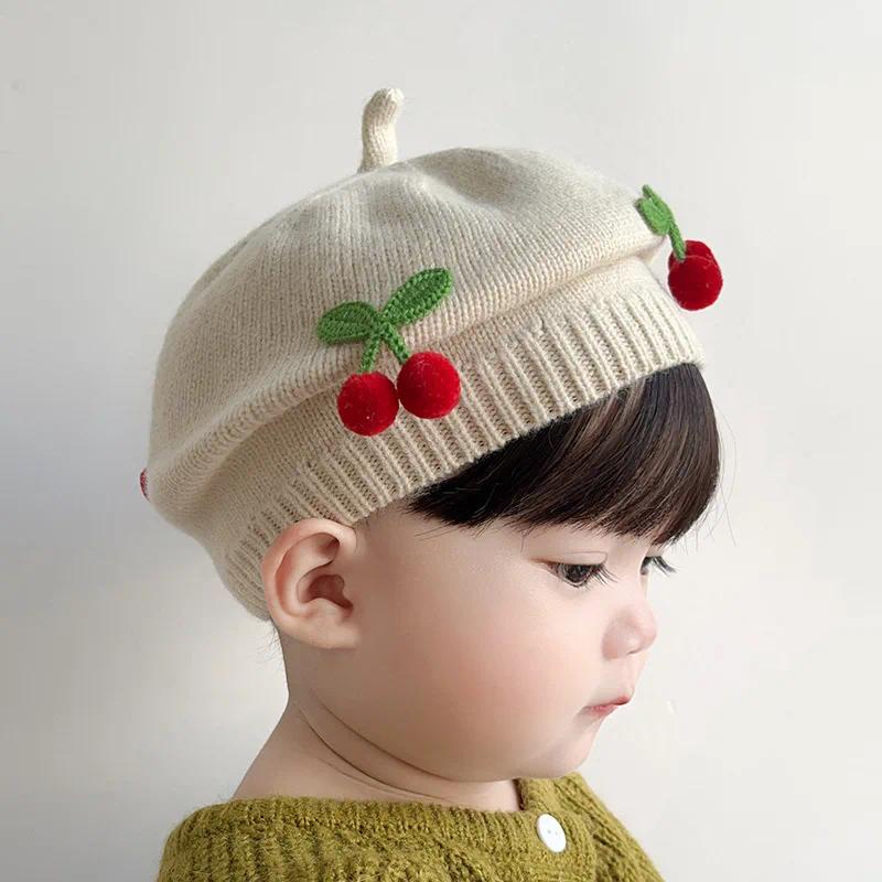 Mũ beret Dệt Kim Màu Trơn Giữ Ấm Mùa Thu Đông In Họa Tiết cherry Dễ Thương Phong Cách Hàn Quốc Cho Bé Gái Sơ Sinh