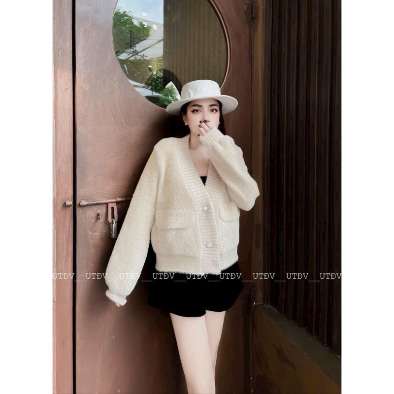 Áo khoác len lông túi 2 bên khuy ngọc, áo cadigan len lông thỏ dày đẹp hàng QCCC