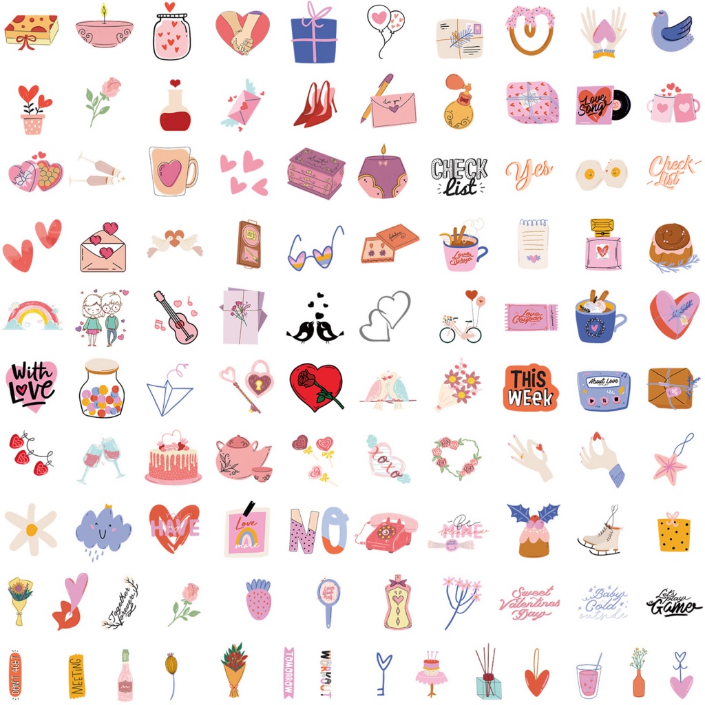 Bộ 100 Miếng Dán Chống Thấm Nước Họa Tiết Dễ Thương Dùng Trang Trí Sổ Tay / Hành Lý / Ngày valentine