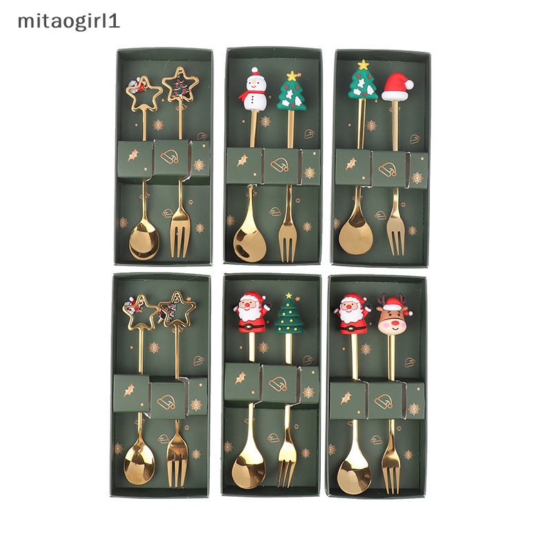 1  set 2 Muỗng Cà Phê / Nĩa / Tráng Miệng Hình Tuần Lộc Bằng Thép Không Gỉ Trang Trí Cây Thông Noel