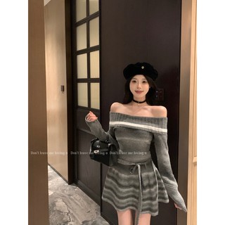 Liasynn Thiên Nga Biến Thể Nhẹ Nhàng Tính Khí Màu-Blocking Một Vai Thiết Kế Thắt Lưng Dệt Kim Gợi Cảm Cao Cấp Dệt Kim