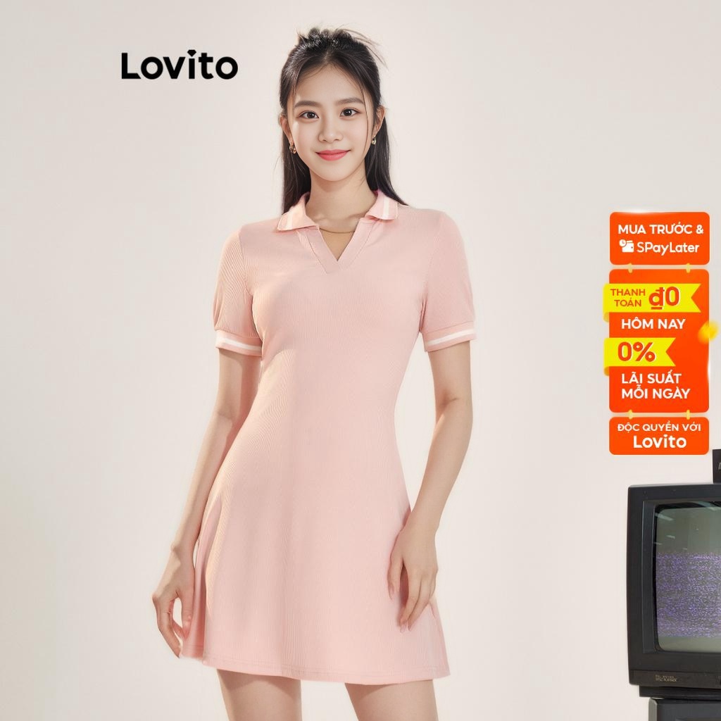 Đầm suông Lovito màu trơn viền tương phản phong cách Preppy cho nữ L56ED134 (Hồng)