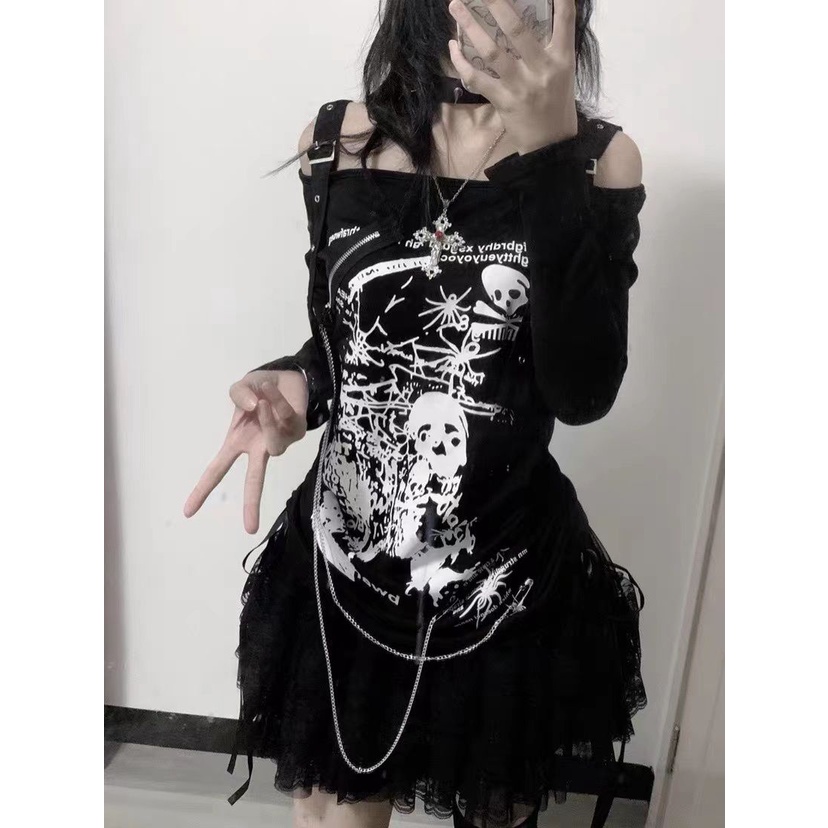 Áo Thun Dây Rút Hở Vai Dáng Rộng Phong Cách gothic punk y2k Millet hot girl Cho Nữ