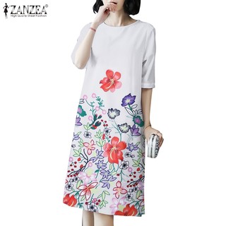 ZANZEA Đầm Tay Lửng Cổ Tròn In Họa Tiết Hoa Thanh Lịch Phong Cách Hàn Quốc Cho Nữ