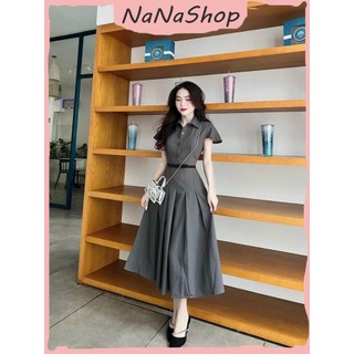 Đầm Sơ Mi Cài Nút Chiết Eo Dáng Dài Xếp Ly Đính Nơ Tone Màu Xám Nhẹ Nhàng