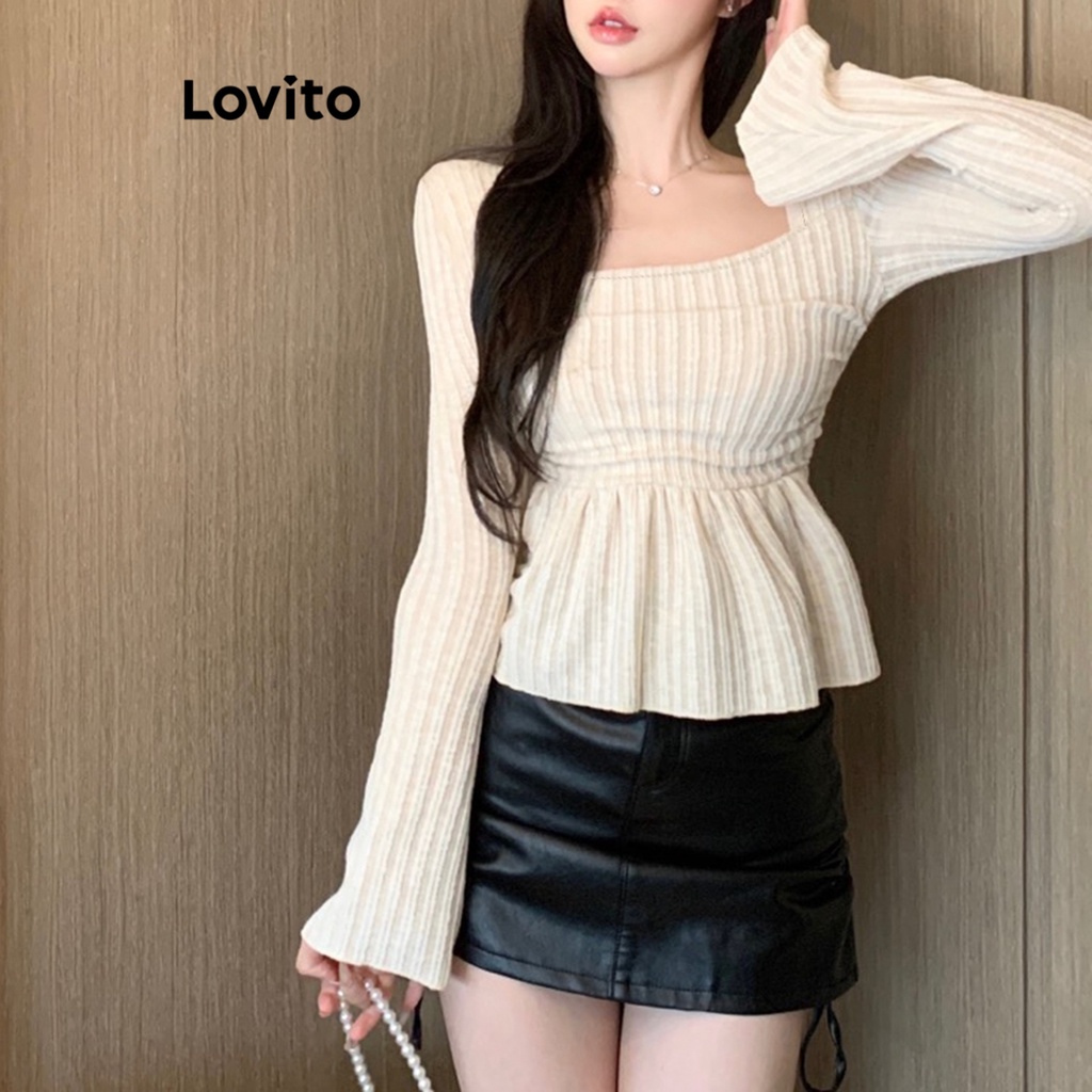 Lovito Áo thun mùa thu và áo thun cổ vuông xếp trơn thường ngày mùa đông dành cho nữ LNE29197 | BigBuy360 - bigbuy360.vn