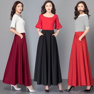 Chân Váy Maxi Lưng Cao Dáng Chữ A Có Túi Màu Trơn Mềm Mại Thoáng Khí Thời Trang Dự Tiệc Cho Nữ