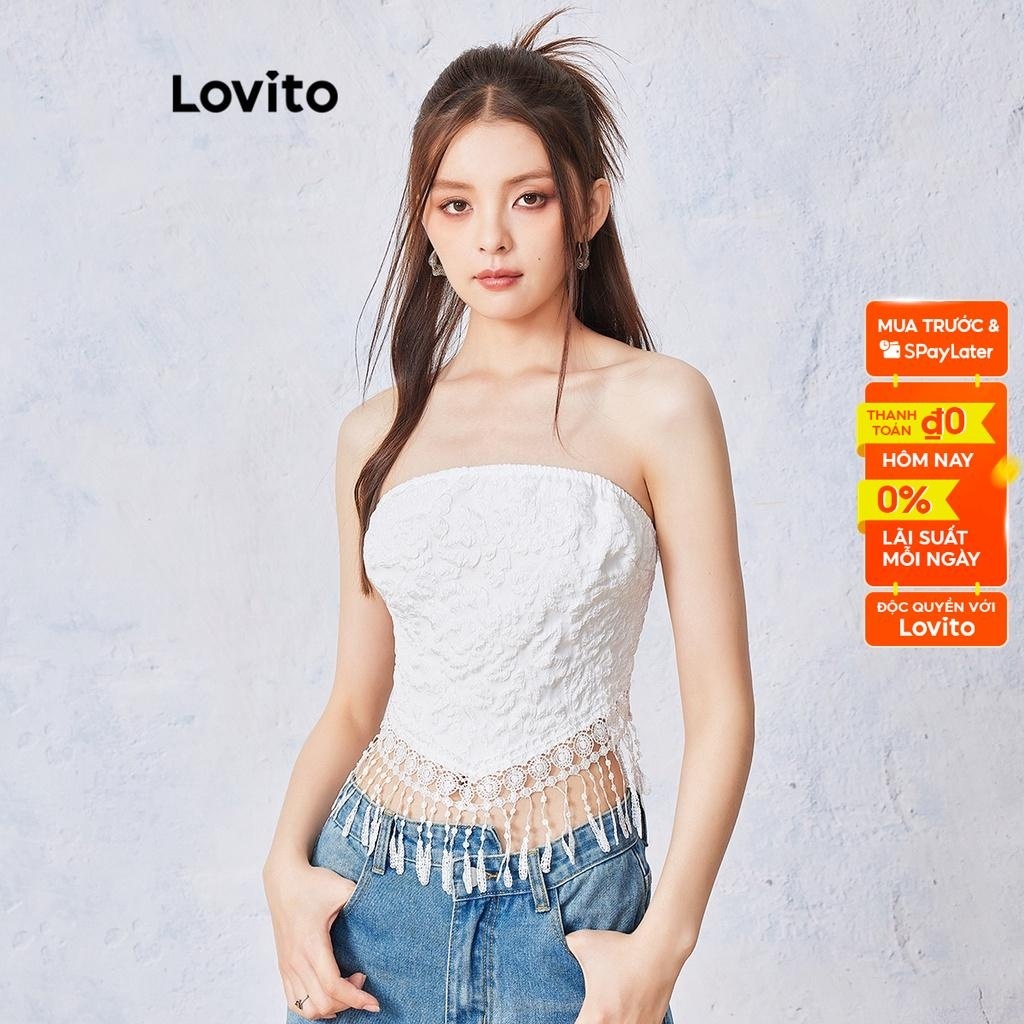 Lovito Áo ba lỗ phối ren phóng đại kiểu boho trơn cho nữ L55AD105 (Trắng)