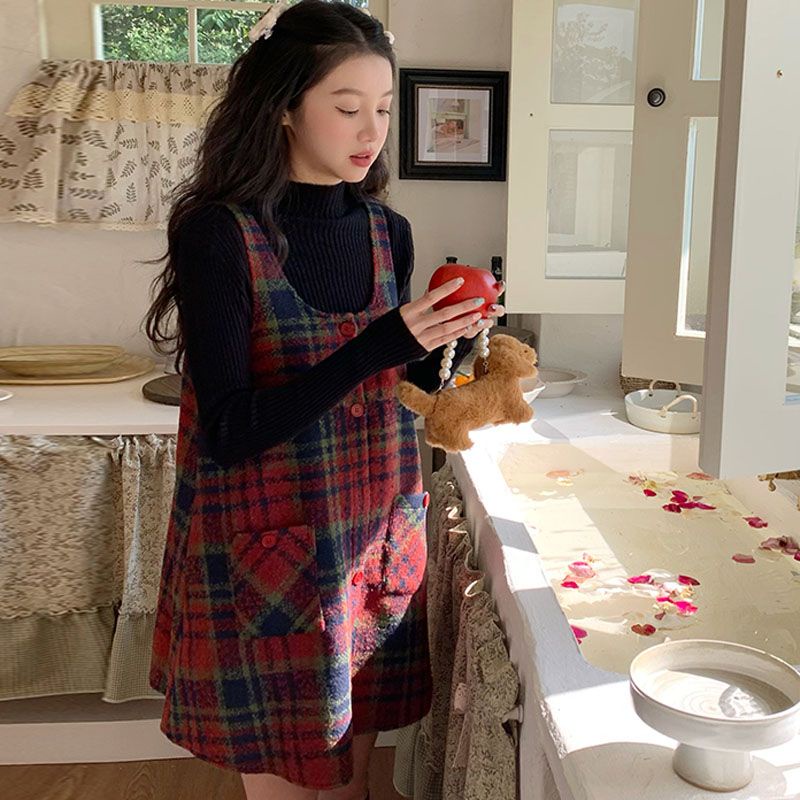 Đầm Yếm Len Sọc Ca Rô Dáng Rộng Thời Trang retro Cho Nữ